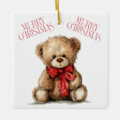 Teddy Bear with Red Bow | Merry Christmas Ornament (Voorkant)