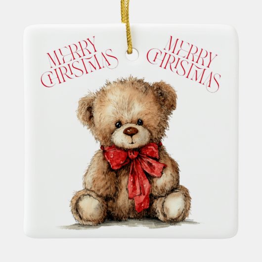 Teddy Bear with Red Bow | Merry Christmas Ornament (Voorkant)