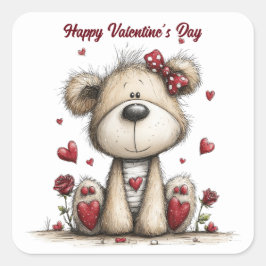 Teddy Bear with Roses and Hearts Envelope Seals Vierkante Sticker