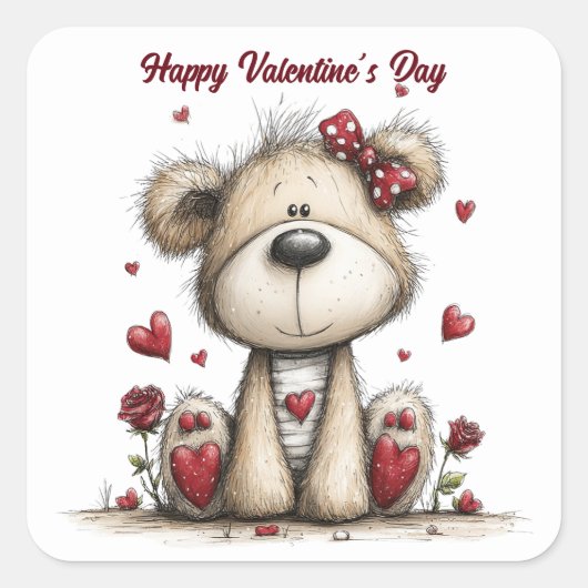 Teddy Bear with Roses and Hearts Envelope Seals Vierkante Sticker (Voorkant)