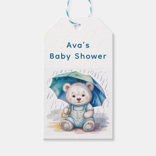 Teddy Bear With Umbrella Boy Baby Shower Thank You Cadeaulabel (Voorkant)