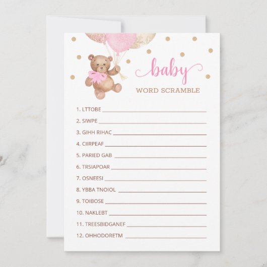 Teddy Bear Word Scramble Game Baby shower Kaart (Voorkant)