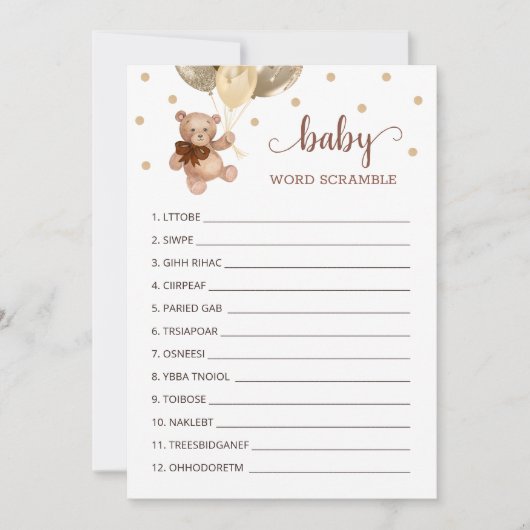 Teddy Bear Word Scramble Game Baby shower Kaart (Voorkant)