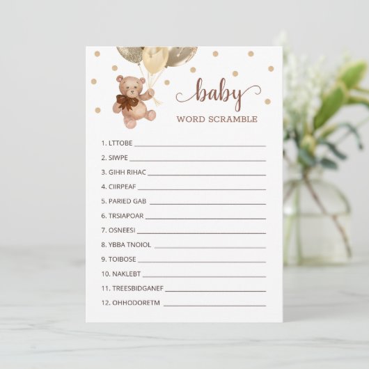 Teddy Bear Word Scramble Game Baby shower Kaart (Staand voorkant)