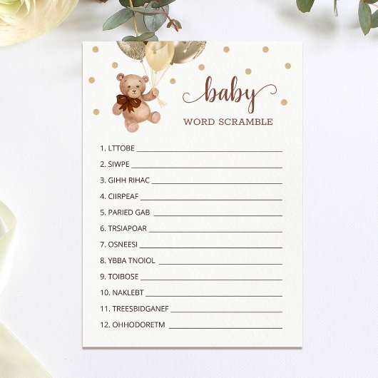 Teddy Bear Word Scramble Game Baby shower Kaart