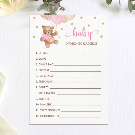 Teddy Bear Word Scramble Game Baby shower Kaart