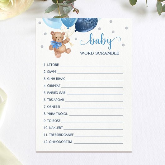 Teddy Bear Word Scramble Game Baby shower Kaart