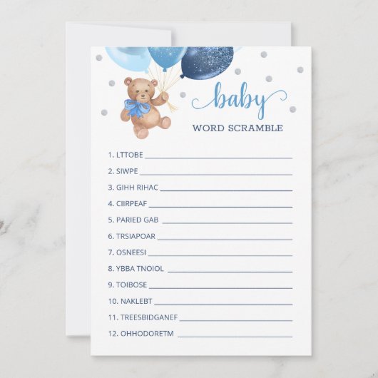 Teddy Bear Word Scramble Game Baby shower Kaart (Voorkant)