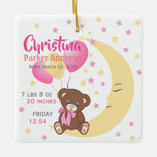 Teddy Bear zit op de Maan Baby Birth Stats Keramisch Ornament (Voorkant)