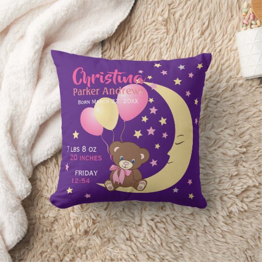 Teddy Bear zit op de Maan Baby Birth Stats Kussen (Deken)