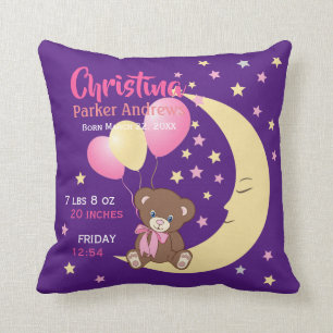 Teddy Bear zit op de Maan Baby Birth Stats Kussen