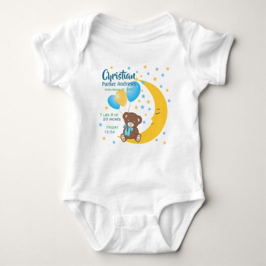 Teddy Bear zit op de Maan Baby Birth Stats Romper (Voorkant)