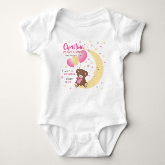 Teddy Bear zit op de Maan Baby Birth Stats Romper (Voorkant)
