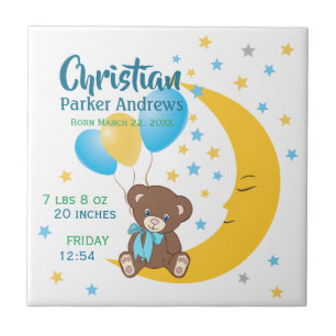 Teddy Bear zit op de Maan Baby Birth Stats Tegeltje
