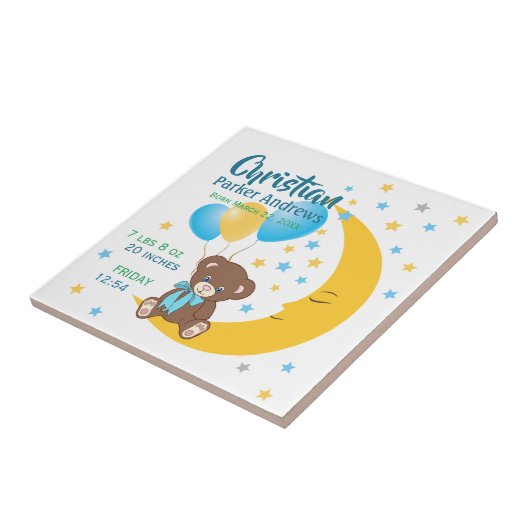 Teddy Bear zit op de Maan Baby Birth Stats Tegeltje (Zijkant)
