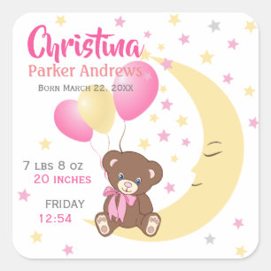 Teddy Bear zit op de Maan Baby Birth Stats Vierkante Sticker
