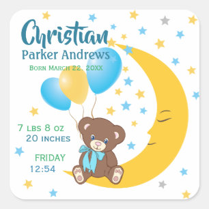 Teddy Bear zit op de Maan Baby Birth Stats Vierkante Sticker
