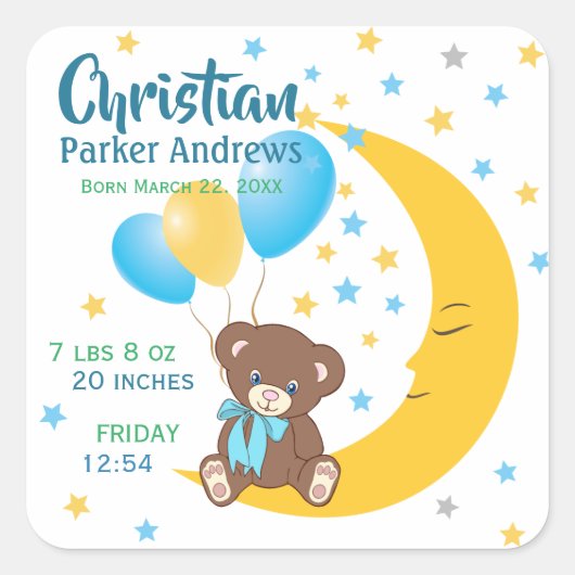 Teddy Bear zit op de Maan Baby Birth Stats Vierkante Sticker (Voorkant)