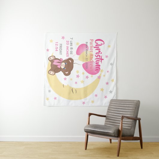 Teddy Bear zit op de Maan Baby Birth Stats Wandkleed (In Situ (horizontaal))