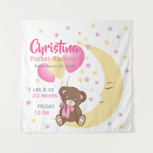 Teddy Bear zit op de Maan Baby Birth Stats Wandkleed
