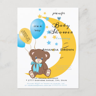 Teddy Bear zit op de maan Baby Boy Shower Uitnodiging Briefkaart