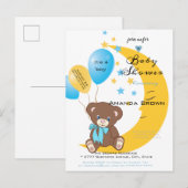 Teddy Bear zit op de maan | Baby Boy Shower Uitnodiging Briefkaart (Voorkant / Achterkant)