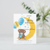 Teddy Bear zit op de maan | Baby Boy Shower Uitnodiging Briefkaart (Staand voorkant)