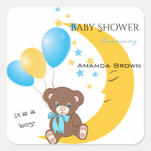 Teddy Bear zit op de maan Baby Boy Shower Vierkante Sticker