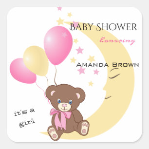 Teddy Bear zit op de maan   Shower voor babymeisje Vierkante Sticker