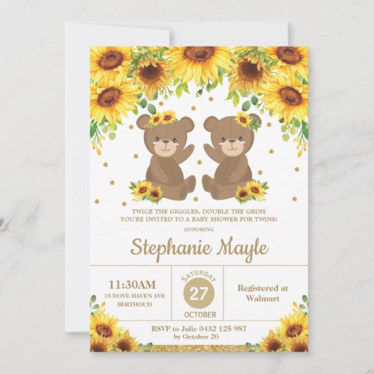 Teddy Bear Zonnebloem Bloemen Baby Shower Tweeling Kaart (Voorkant)
