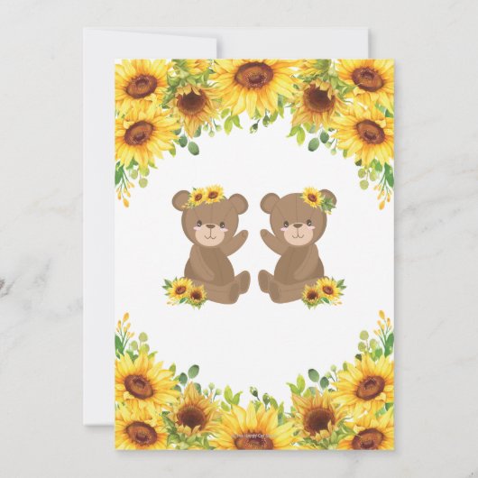 Teddy Bear Zonnebloem Bloemen Baby Shower Tweeling Kaart (Achterkant)