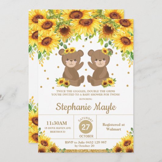 Teddy Bear Zonnebloem Bloemen Baby Shower Tweeling Kaart (Voorkant / Achterkant)
