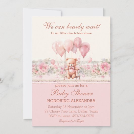 Teddy Bearly Wait Pink Christian Girl Baby Shower Kaart (Voorkant)