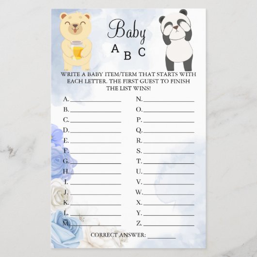 Teddy Bears Baby ABC Shower Game Card Flyer (Voorkant)