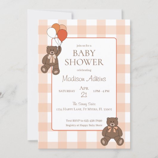 Teddy Bears Baby Shower Balloons Bows Orange Plaid Kaart (Voorkant)