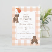 Teddy Bears Baby Shower Balloons Bows Orange Plaid Kaart (Staand voorkant)