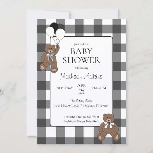 Teddy Bears Black Buffalo Check Baby Shower Kaart (Voorkant)