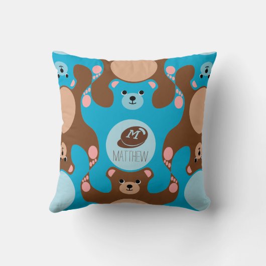 Teddy Bears blue Monogram Kind Square Pillow Kussen (Achterkant)