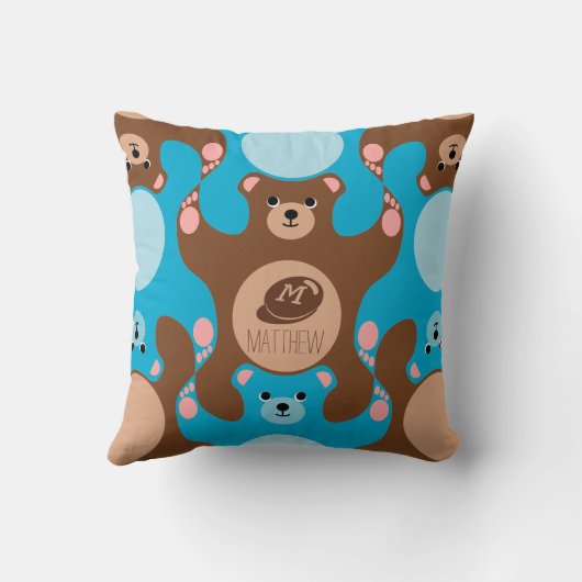 Teddy Bears brown blauw Monogram Kind Square Pillo Kussen (Achterkant)