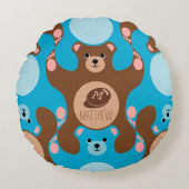 Teddy Bears brown Blue Monogram Kind Round Pillow Rond Kussen (Voorkant)