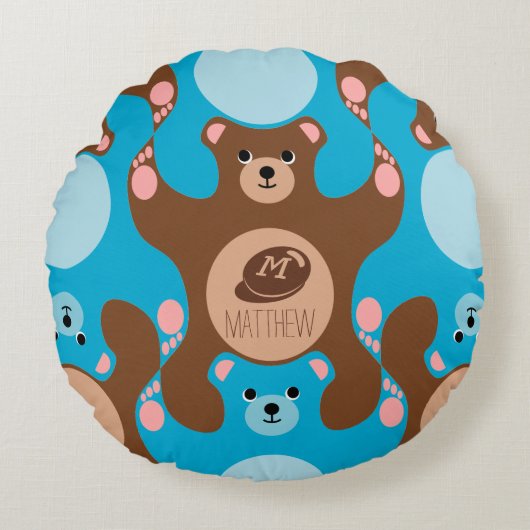 Teddy Bears brown Blue Monogram Kind Round Pillow Rond Kussen (Voorkant)