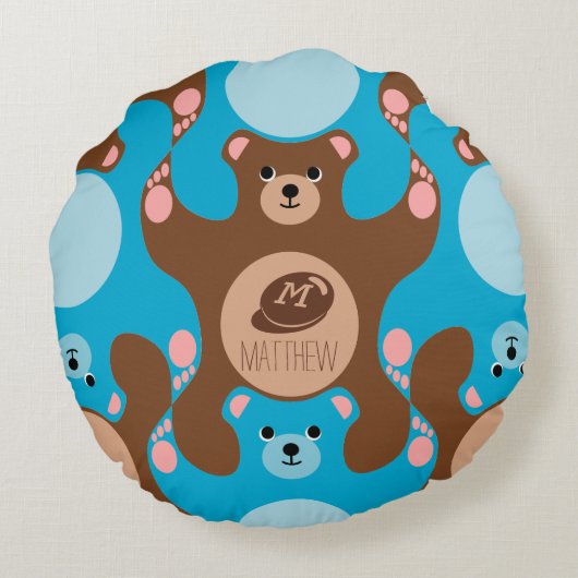 Teddy Bears brown Blue Monogram Kind Round Pillow Rond Kussen (Achterkant)