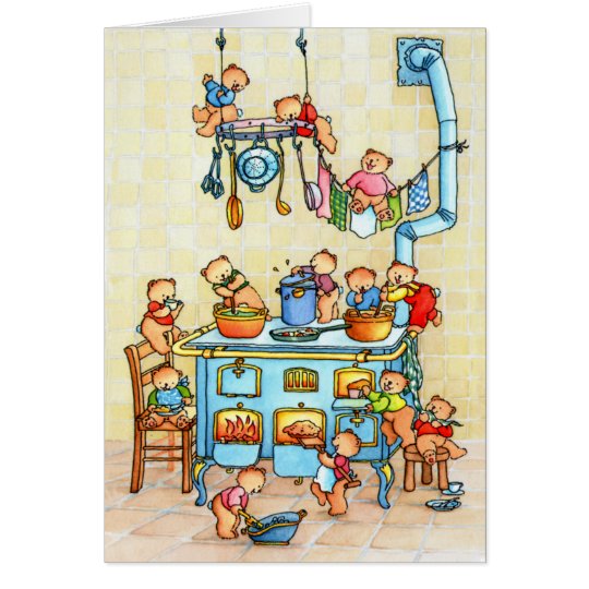 Teddy Bears Cooking in Kitchen Childrens Card Briefkaarten 0