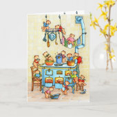 Teddy Bears Cooking in Kitchen Childrens Card Kaart (Gele Bloem)