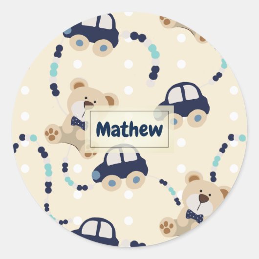 Teddy Bears en Cars Baby Boy Pattern Ronde Sticker (Voorkant)