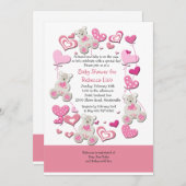 Teddy Bears & Heart Balloons Roze Uitnodiging (Voorkant / Achterkant)