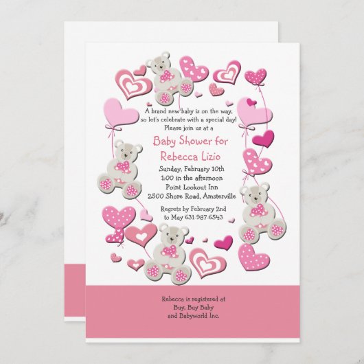 Teddy Bears & Heart Balloons Roze Uitnodiging (Voorkant / Achterkant)