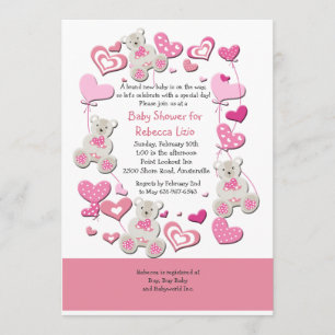 Teddy Bears & Heart Balloons Roze Uitnodiging