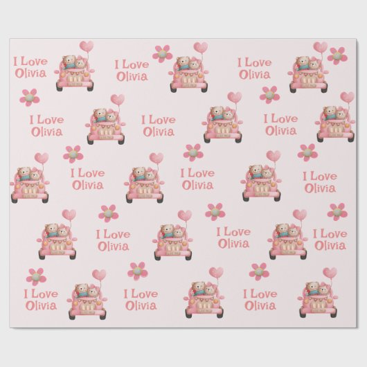 Teddy Bears in Love Driving a Auto - Personalized  Cadeaupapier (Vlak)
