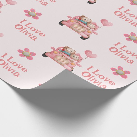 Teddy Bears in Love Driving a Auto - Personalized  Cadeaupapier (Hoek)